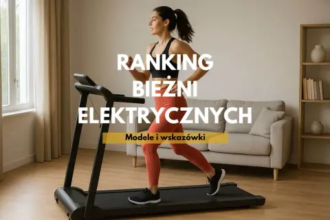 Ranking bieżni elektrycznych do domu. Kobieta ćwiczy na bieżni, a obok kanapa i regał.